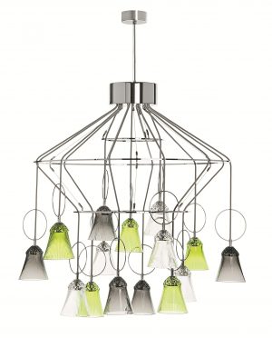 Apollo 15-light chandelier, clear, chartreuse green and flannel grey (cable height 1000mm-5800mm)