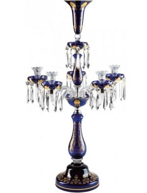 Orience 5-light candelabra, clear crystal double-layered with dark-blue crystal